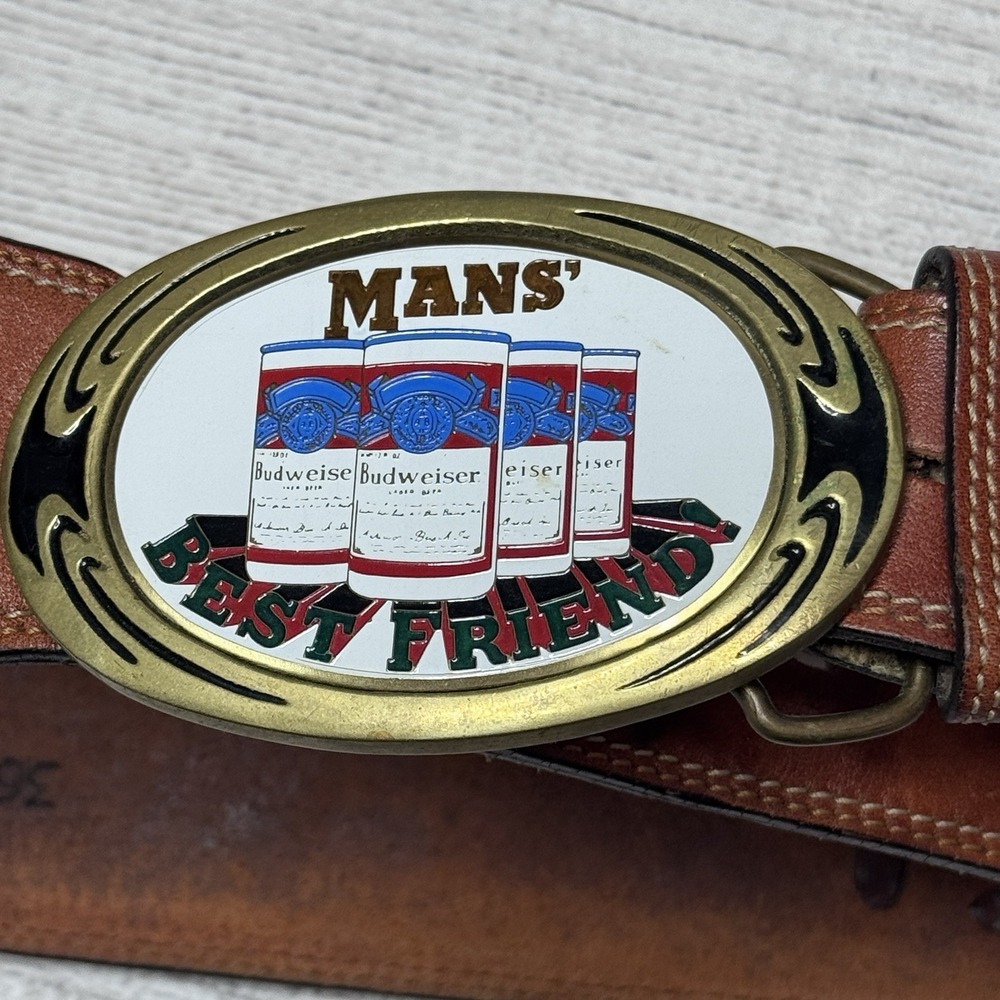 LEEGIN Brown Leather Belt Men's Size 36 Vintage Brass Budweiser Belt Buckle